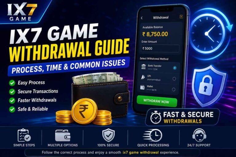 IX7 Game Withdrawal Guide banner showing mobile withdrawal screen, wallet, bank transfer, UPI options, secure payment icons, and fast withdrawal process illustration.