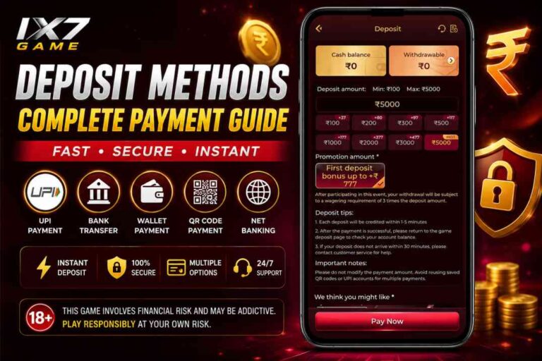 IX7 Instant Deposit payment guide showing UPI, QR code, bank transfer, and digital wallet deposit methods