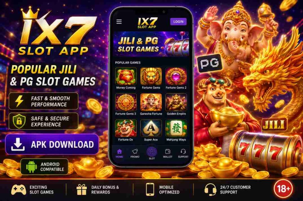 IX7 Slot App APK download screen featuring popular Jili and PG slot games on Android mobile device